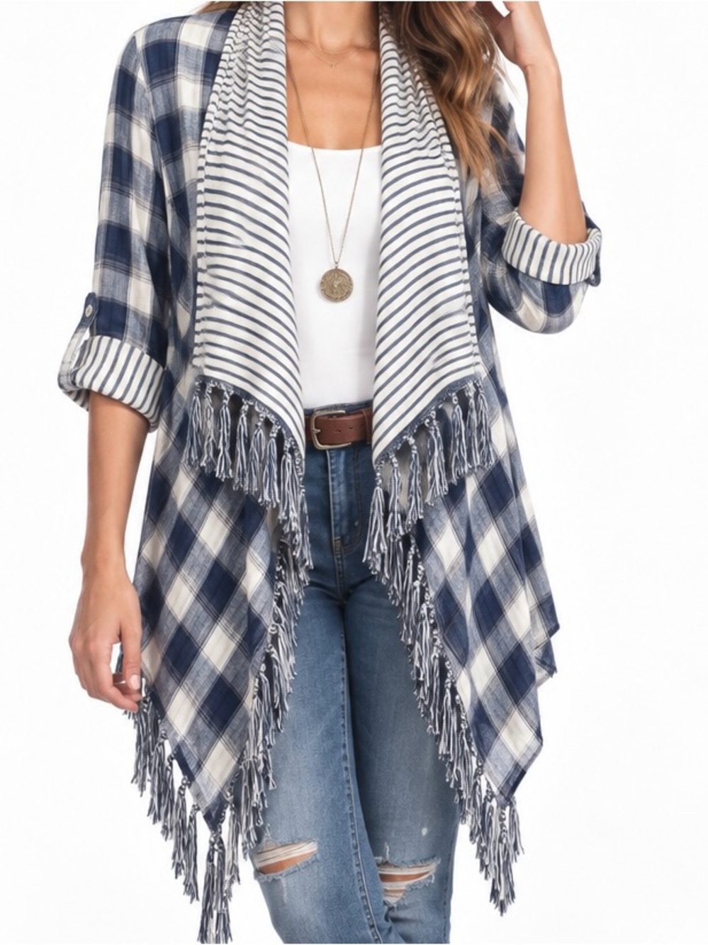 Urban Outfitters Umgee Plaid Waterfall Cardigan Fringe Boho Navy White Striped